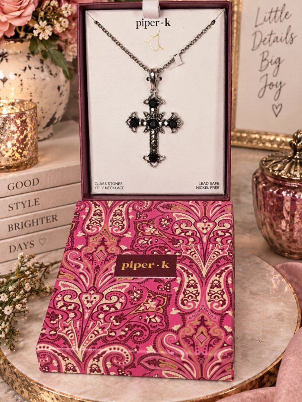 Piper K Black Crystal Gothic Cross Necklace NIB 17"